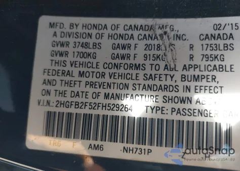 2015 Honda Civic Lx из США, поврежденный, VIN 2HGFB2F52FH529264